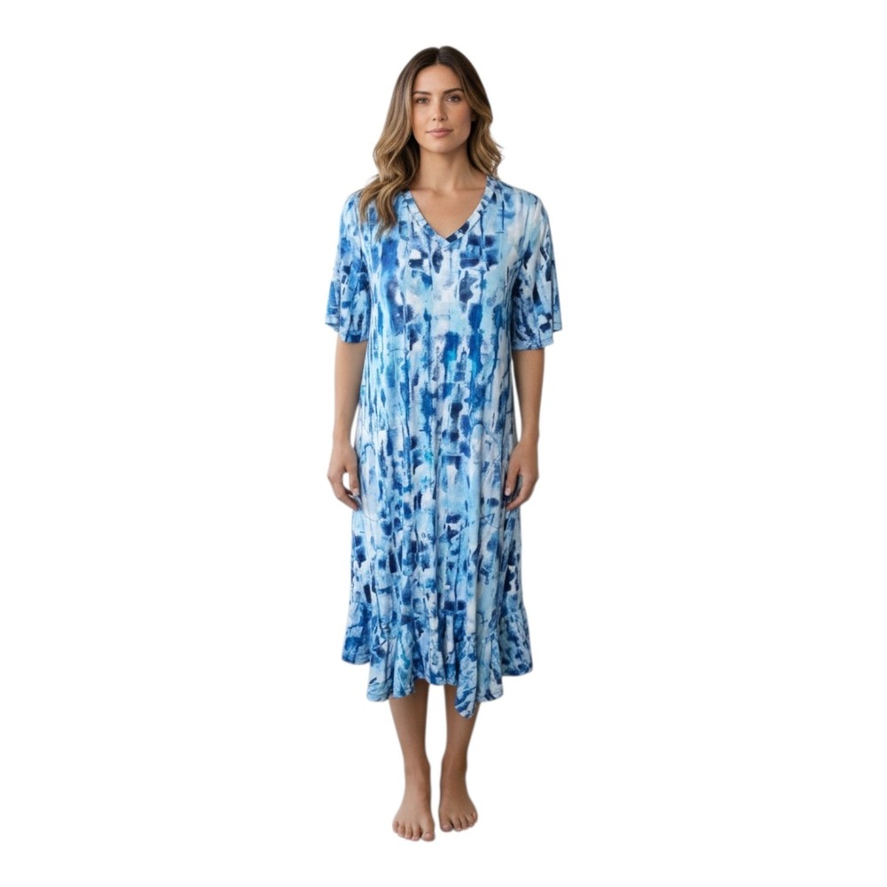 LOGO Lori Goldstein Women XXS Blue‎ Tie-Dye Elbow Sleeve Ruffle Bottom Tee Dress
